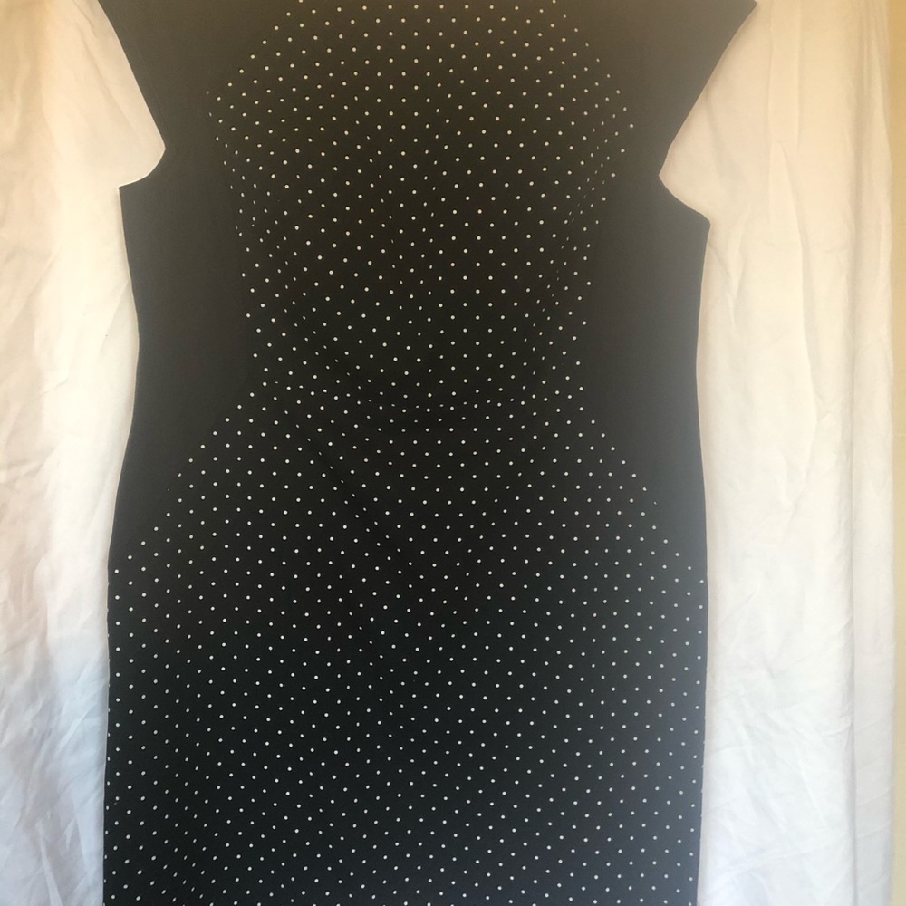 Navy and white shift dress.